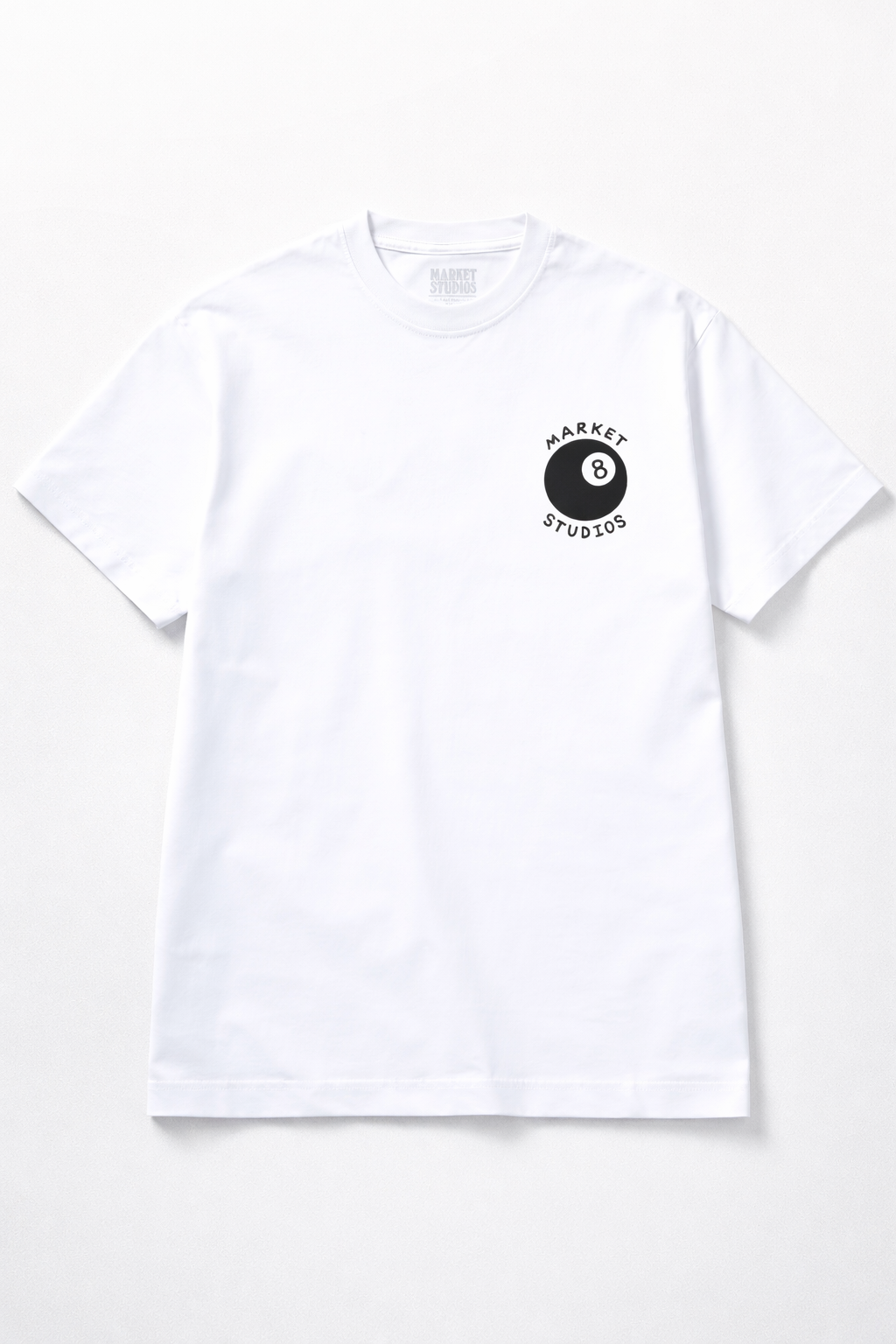 White t-shirt with a black logo on a white background